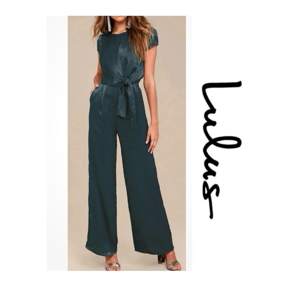 Lulus Let Me Entertain You Dark Green Satin Wide Leg Jumpsuit Size XS